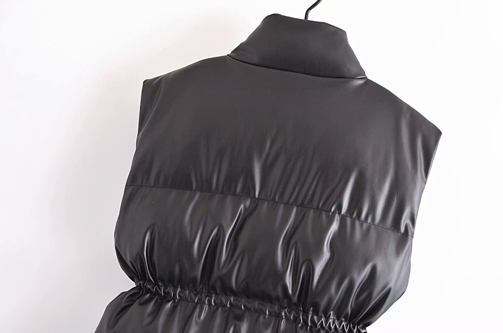 Fashion All-match Drawstring Waist Slimming Faux Leather Waistcoat Cotton Jacket