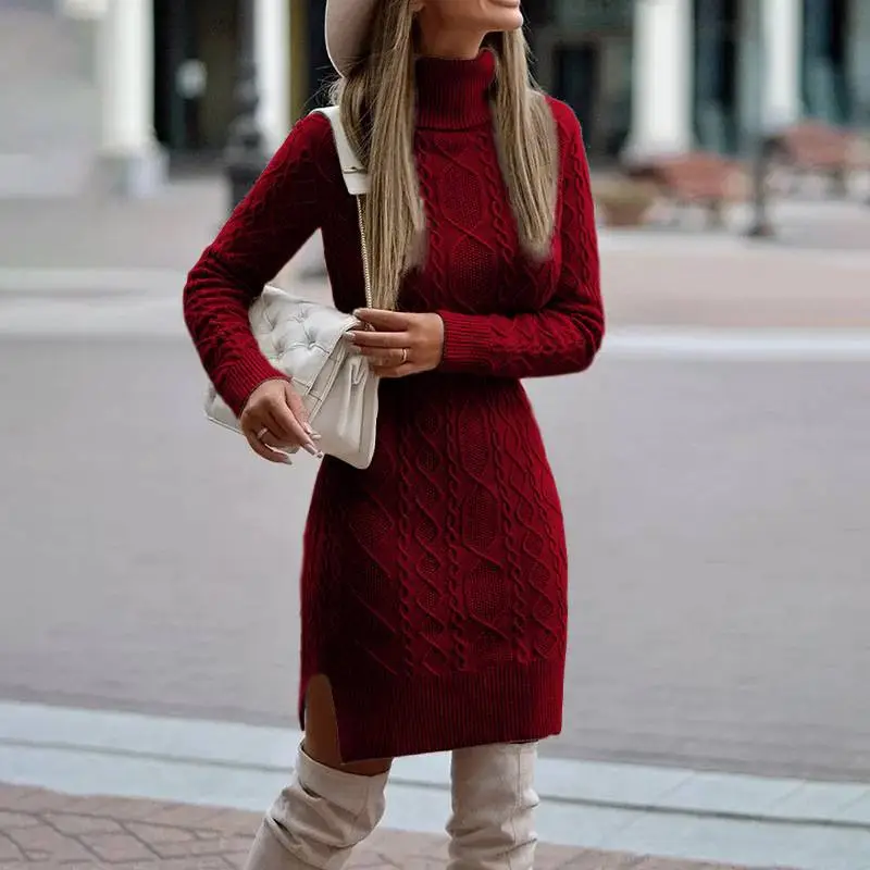 Fashion Turtleneck Knitted Dress With Slit Design Winter Warm Solid Color Pullover Long Sweater Women's Clothing - Red