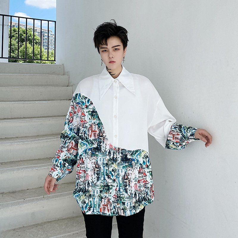 Graffiti Architecture Hand-painted Print Asymmetric Loose Shirt Men