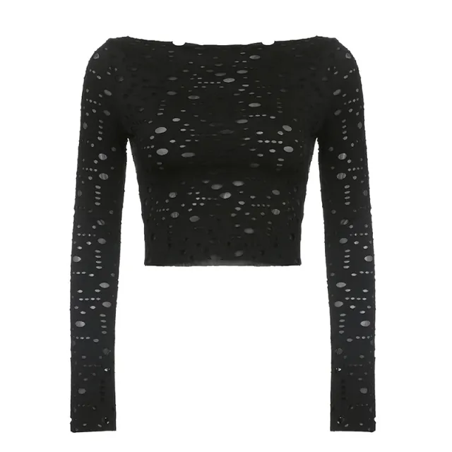 Women's Irregular Hole Round Neck Long Sleeve Mesh Top Black - Shop at LoveMi