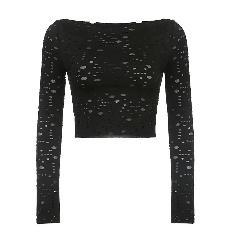 Women's Irregular Hole Round Neck Long Sleeve Mesh Top - Black