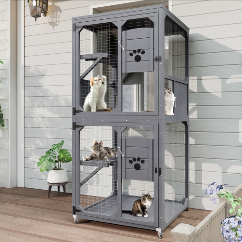 Catio Outdoor Cat Enclosure Window Access, 4 Tiers Cat House With Wheels, Resting Box & Waterproof Roof, Indoor Large Cat House Cage, Gray Grey - Shop at LoveMi