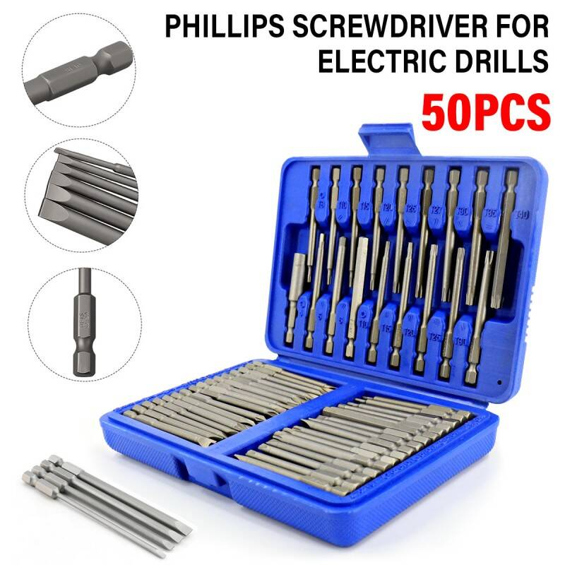 50-Piece Magnetic Screwdriver Bit Set With Extra Long Bits And Portable Case Building Supplies