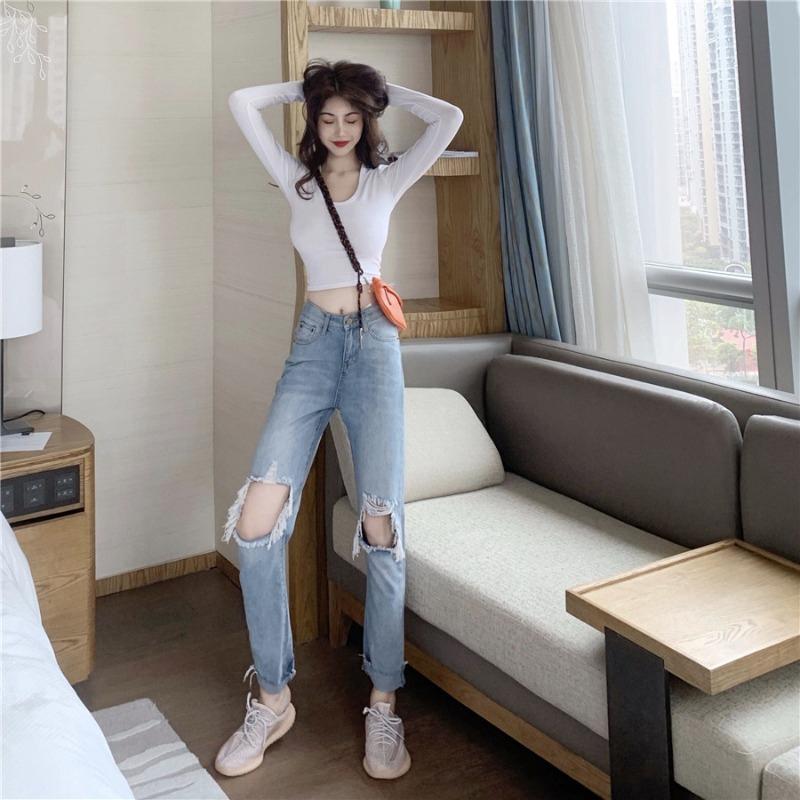 Women's High-waist Hong Kong-style All-match Ripped Jeans