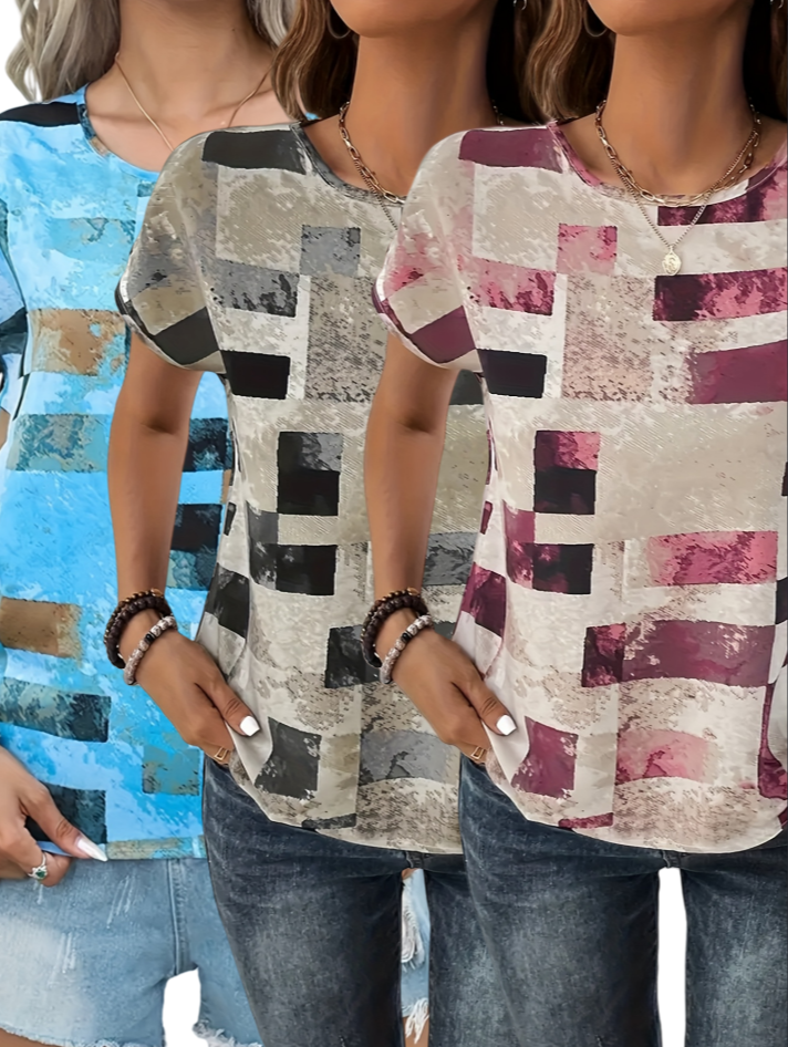 3pcs  Women's Chic Geometric Aztec Print T-Shirt - Casual Crew Neck, Durable Non-Stretch Fabric, Ideal For Summer Wear