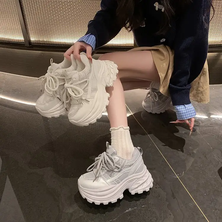 Women Rhinestone Mesh Platform Chunky Dad Sneakers