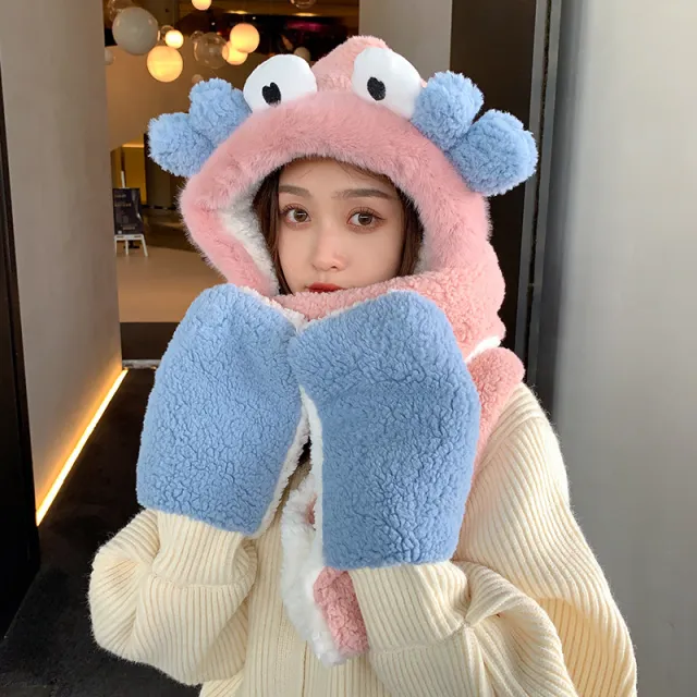 Winter Cute Crab Scarf Gloves Three in one Plus Velvet Thickened One piece Hat Pink - Shop at LoveMi