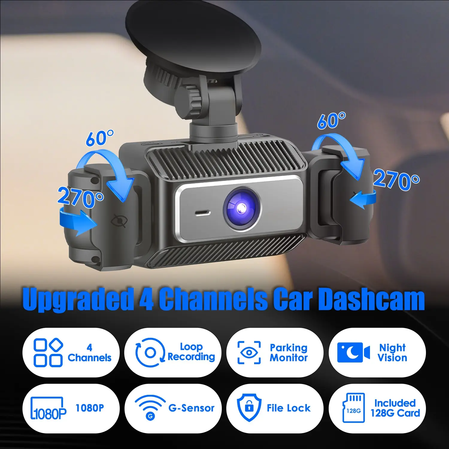 4 Channel Car Dash Cam With 128G MMC Card 1080P Front 720P Left Right 480P Rear G-Sensor Parking Monitor Loop Recording Night Vision 360 Degree Surveillance Car