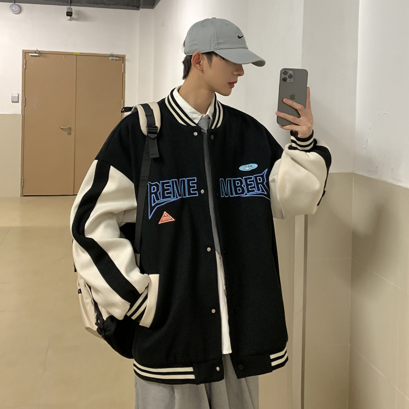 New Men's Colorblock Embroidery Trendy Baseball Jacket