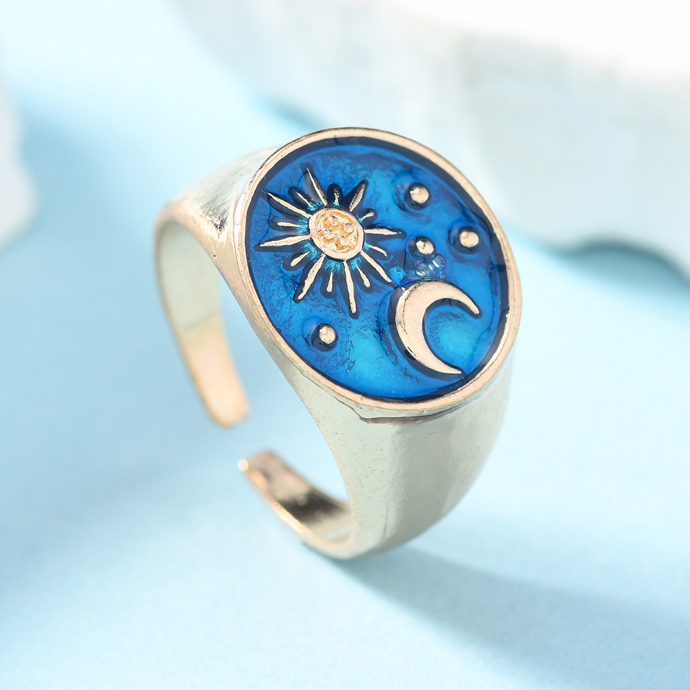 1 Piece Zinc Alloy Sun Moon Star Ring, Blue Enamel Adjustable Open Ring For Women, Trendy Celestial Jewelry