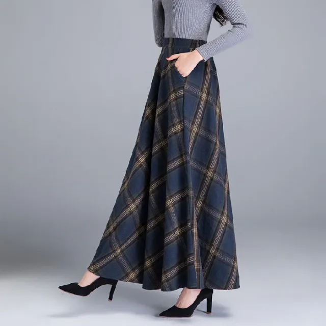 Woolen Plaid Skirt Winter Women's Western Style To Reduce Age Navy Blue - Shop at LoveMi
