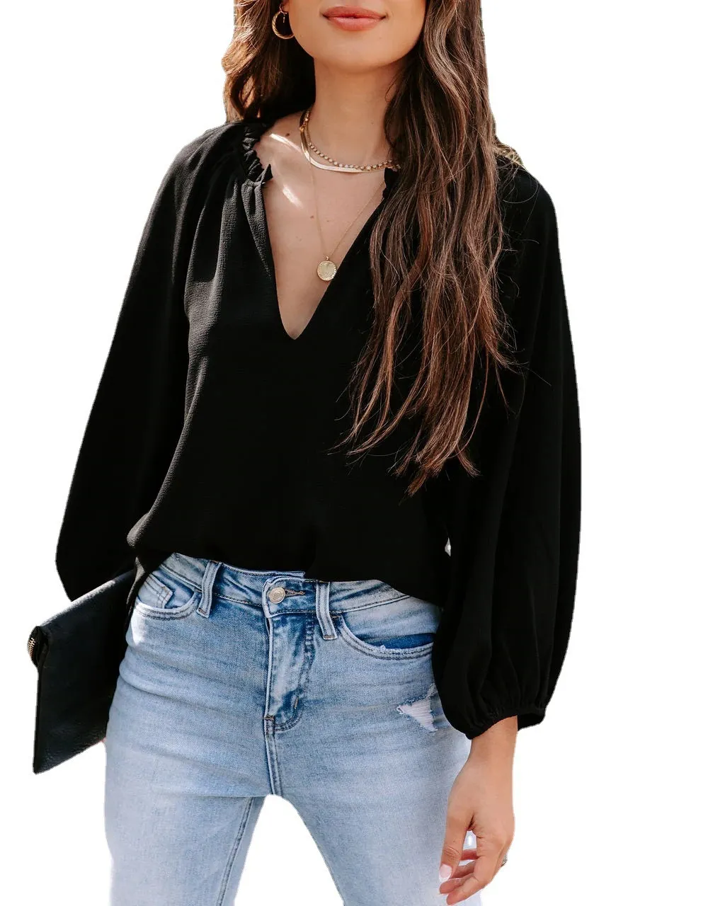 Women's Cool Long-sleeved Shirt Solid Color Comfortable Casual V-neck Loose Top - Black