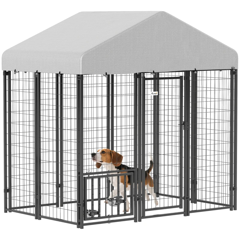 Outdoor Dog Kennel With Roof, Rotating & 4-Level Adjustable Bowls