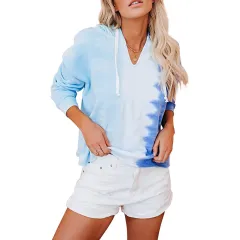 Tie Dye Hoodie Loose Ombre Long Sleeve Top - Blue - View 1