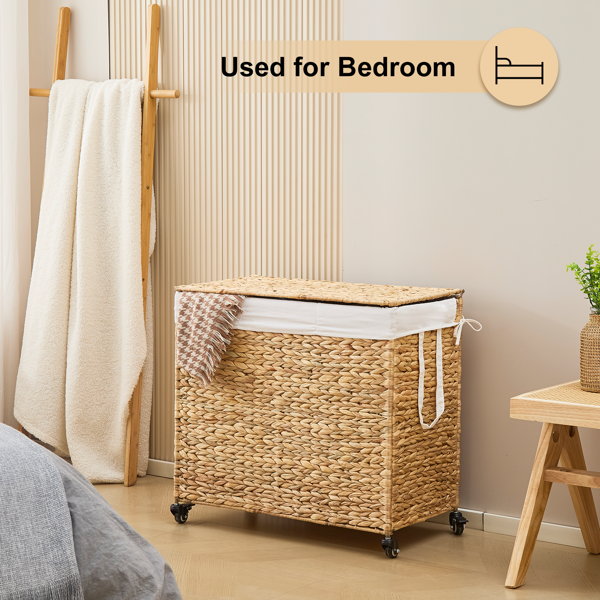 160L 3-Section Laundry Hamper With Lid And Wheels, Woven Natural Water Hyacinth Rolling Laundry Hamper — foto 2