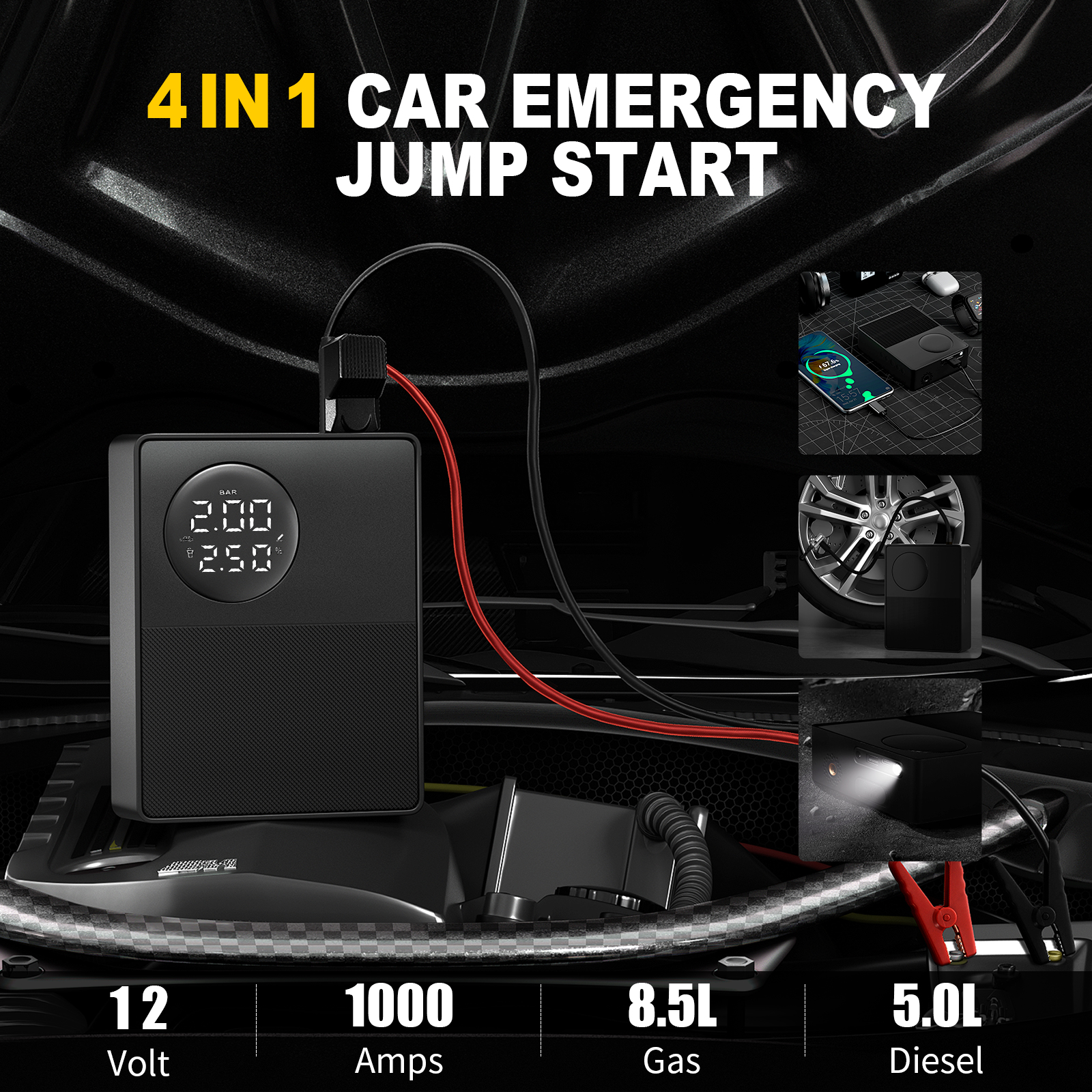 Car Emergency Starting Power Supply, Inflatable Pump, Emergency Lighter Battery, 3-in-1, Suitable For 12V8.5L Displacement Gasoline Vehicles, 12V5L Diesels Vehicles, New Energy Vehicles