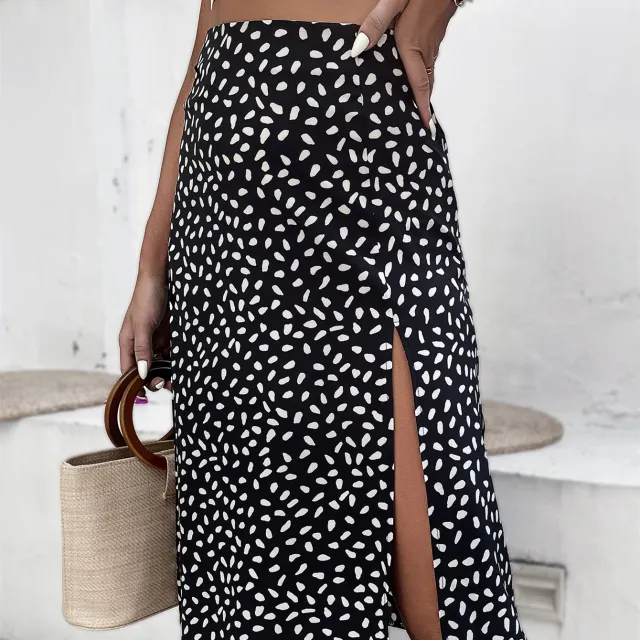 Polka Dot Skirt With Slit A Line Black - Shop at LoveMi