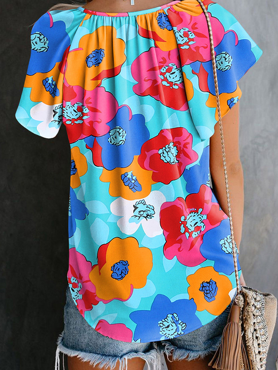 Floral Print Drawstring V-neck Short Sleeve