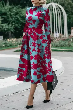 Fashionable And Elegant Long-sleeved Mid-length Dress - Safflower - View 1