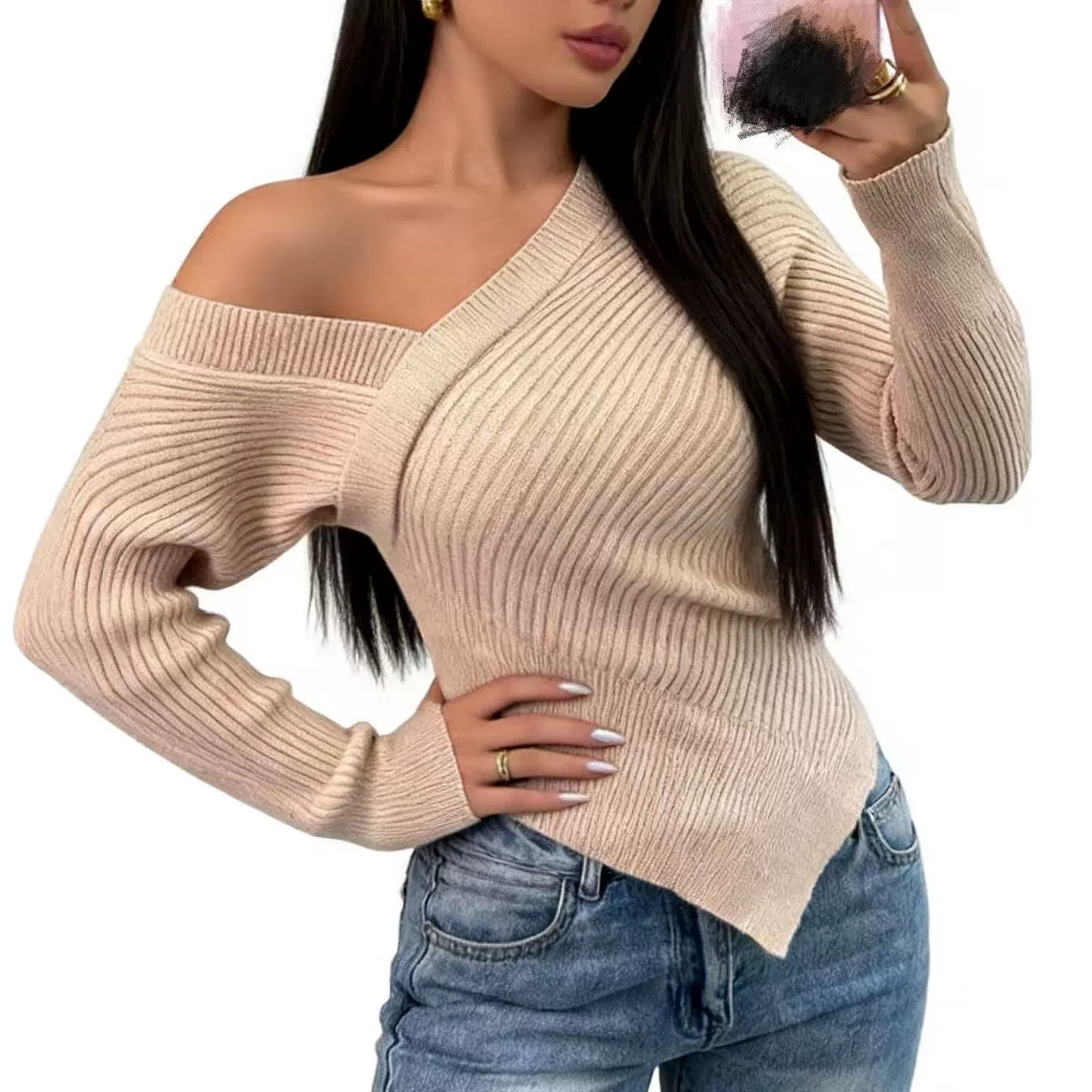 Women's Slouchy Knitwear Fall Winter Sexy Off-Shoulder Fitted Asymmetrical Hem T-Shirt Sweater With Waist Taper