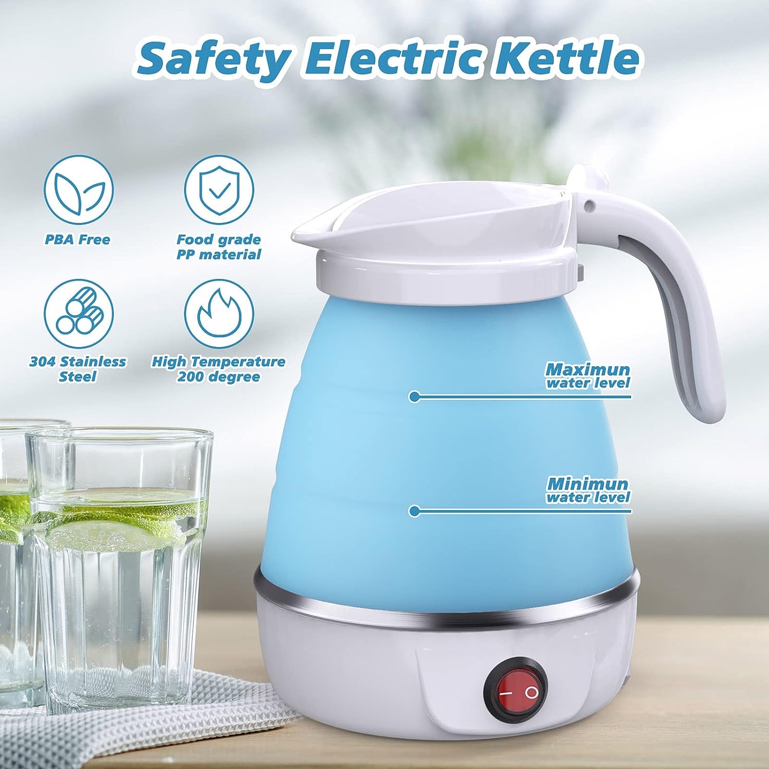 Foldable Electric Kettle Camping Kettle Mini Travel Kettle Silicone Electric Water Boiler Tea Coffee Kettle Collapsible Kettle With Separable Power Cord For Outdoor Hiking Camping Blue