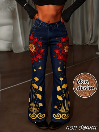 Pantalon évasé femme rétro imprimé, taille haute à bouton unique – Color1, XXL