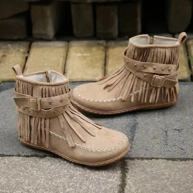 Retro Ankle Boots With Rivet Tassel Flat Shoes Women Winter Boots Khaki - Shop at LoveMi