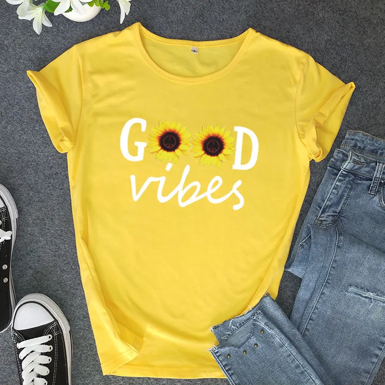 Letter Sunflower Print Ladies Short Sleeve O Neck Loose T Shirt Summer Ladies - Yellow