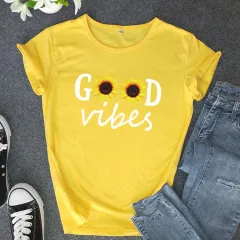 Letter Sunflower Print Ladies Short Sleeve O Neck Loose T Shirt Summer Ladies - Yellow - View 1