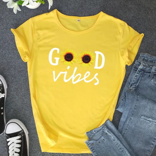 Letter Sunflower Print Ladies Short Sleeve O Neck Loose T Shirt Summer Ladies Yellow - Shop at LoveMi