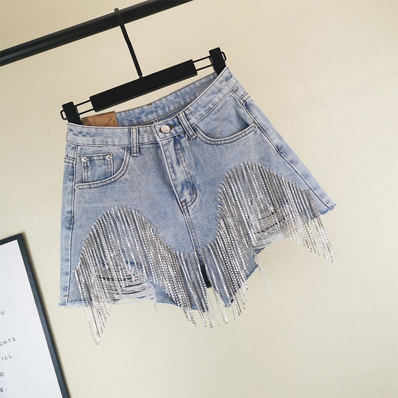 Women's High Waist Slim Sexy Tassel Chain Jeans Light Blue - Shop at LoveMi