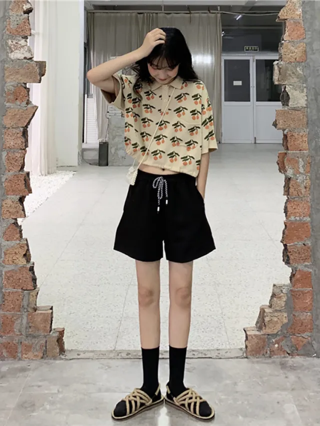 Upper Dress Drawstring Short Short sleeved Short sleeved Knitted T shirt With Navel Apricot - Shop at LoveMi