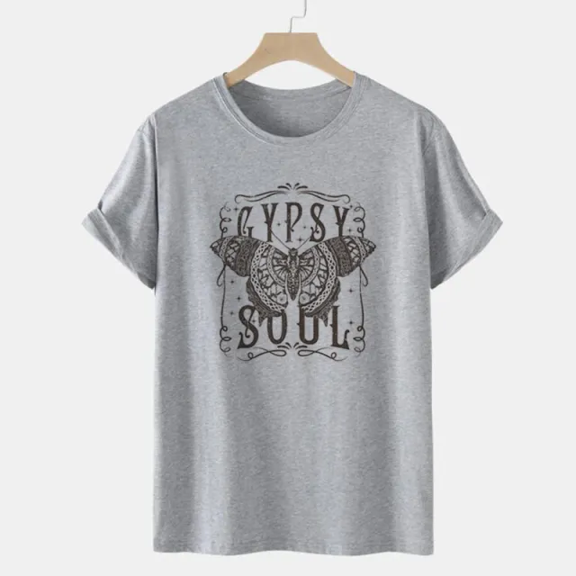 Butterfly Gothic European And American Printed Round Neck Loose T shirt Gray - Shop at LoveMi