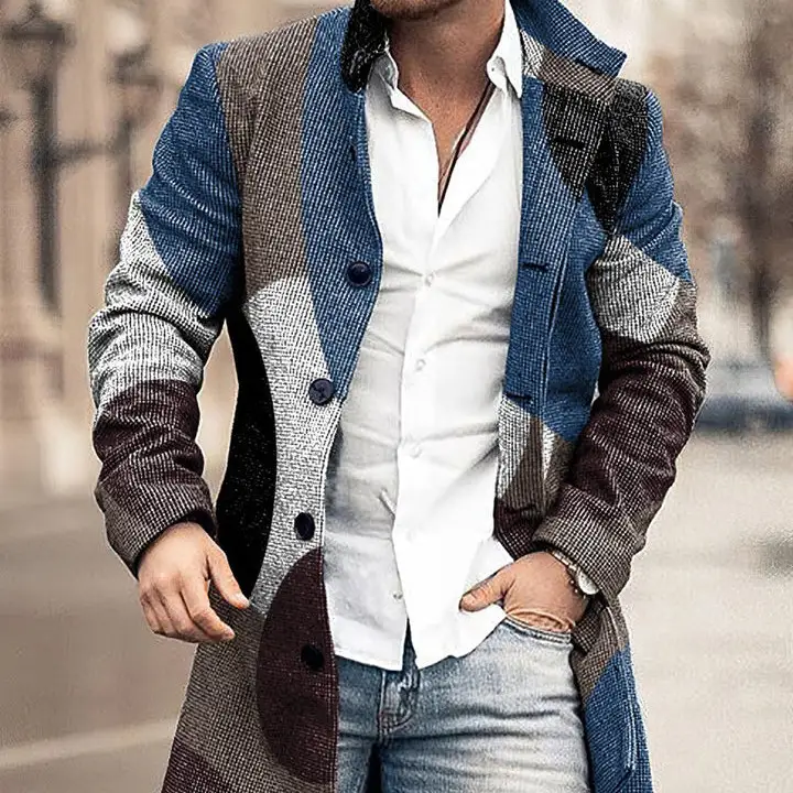 Autumn And Winter New Men's Woolen Stand Collar Medium Long Pocket Casual Coat