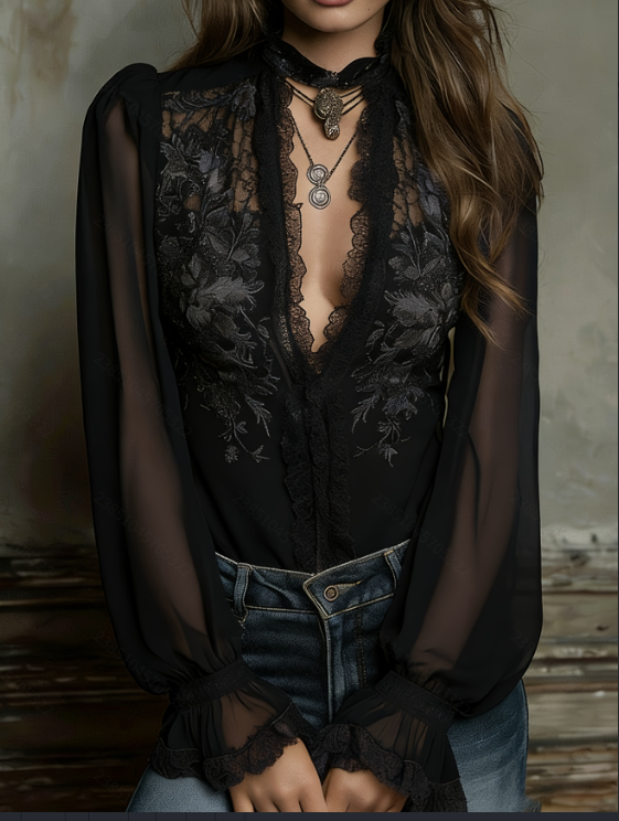 A Stand-up Collar Lace Embroidered Top