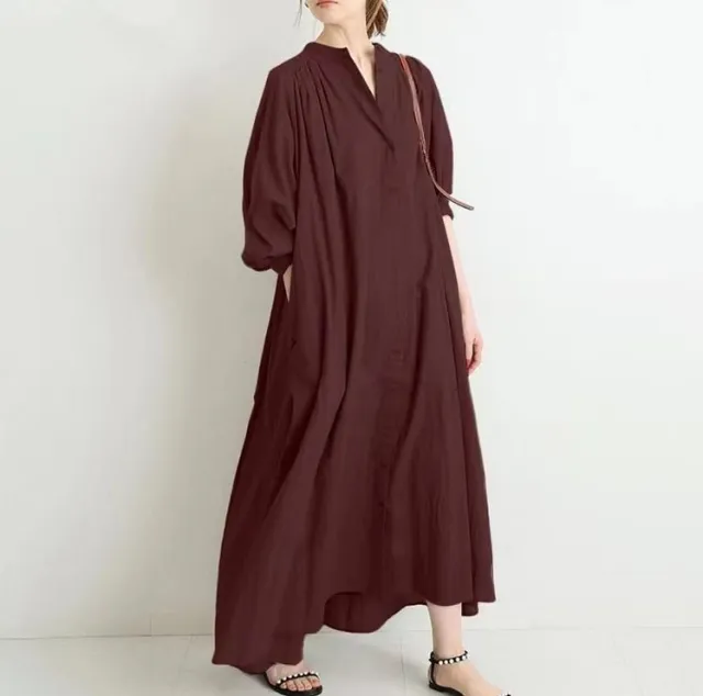 Standing Neck Large Swing Loose Fitting Women's Dress Tan - Shop at LoveMi