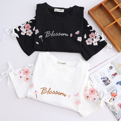 Title 5, Lace-up Flower Embroidery Cotton Loose Short-sl...