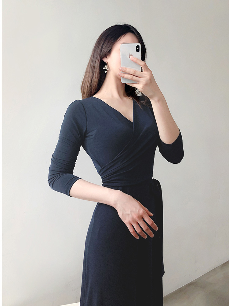 Retro V-neck Long-sleeved Slim Dress With Tie