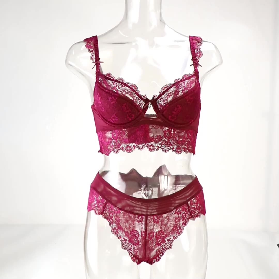 Pure Color Lace And Thin Cotton Cup With 5 Breasts Bra Set