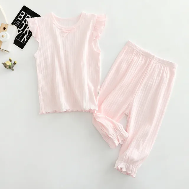 Children's Short sleeved Cropped Trousers Suit Pure Color Baby Girl Pink - Shop at LoveMi