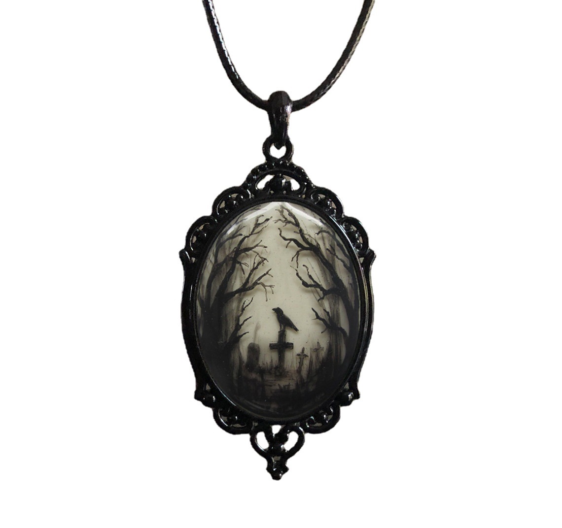 Gothic Crow Cross Glass Pendant Necklace