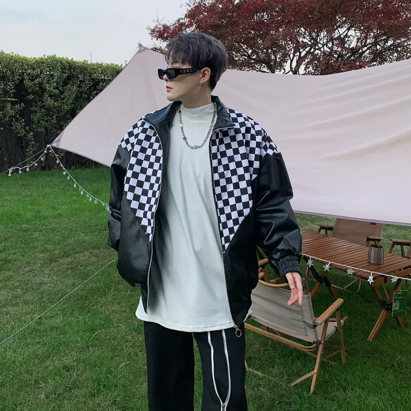 Black And White Plaid Stitching Leather Jacket