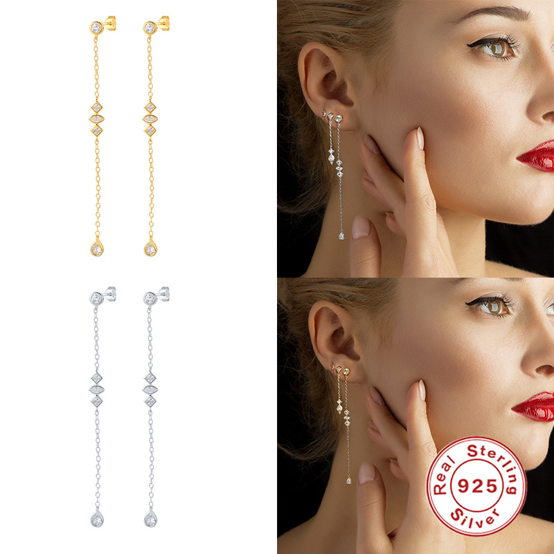Sterling Silver Line Tassel Long Face Shape Drop Earrings