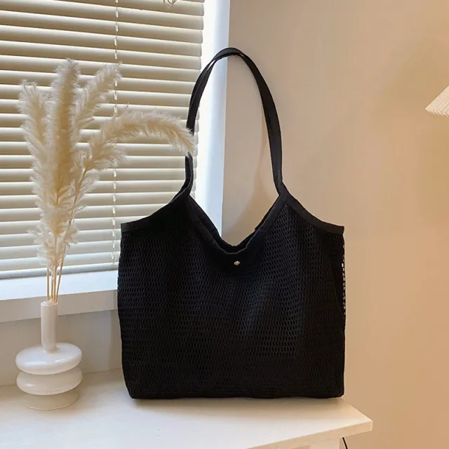 Women Mesh Tote Bag Solid Color Designer Ladies Casual Handbag Shoulder Bag Large Capacity Reusable Shopping Beach Bag Black - Shop at LoveMi