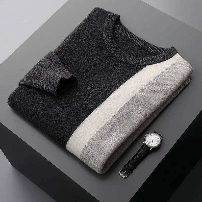 Men's Round Neck Color Block Pullover Casual Loose Knit Bottoming Shirt