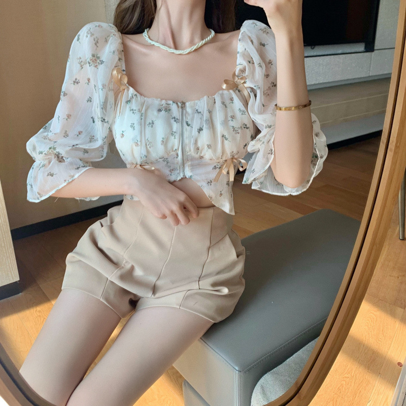 Super Fairy Sweet Puff Sleeve Thin Section Off-the-shoulder Floral Chiffon Shirt