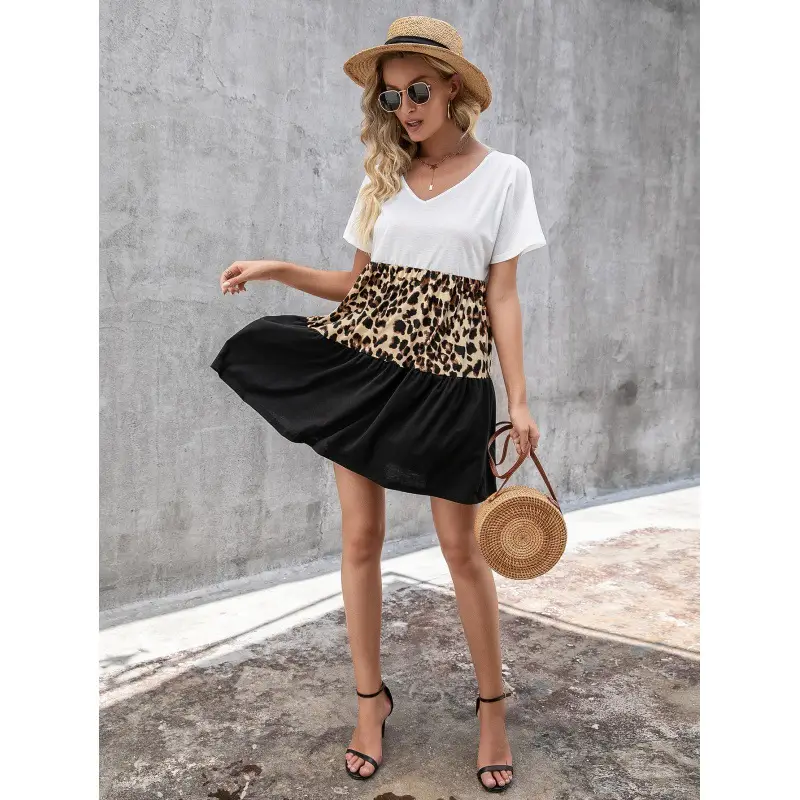 Leopard Print Color Matching Mid-length V-neck Pullover Short Sleeves
