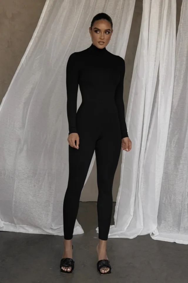 Women's OL Commuter Casual Tight Long Sleeve Jumpsuit Black - Shop at LoveMi