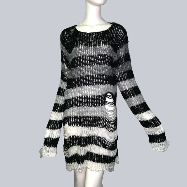 Title 6, Womens Striped Loose Knitwear With Ripped Mid-l...