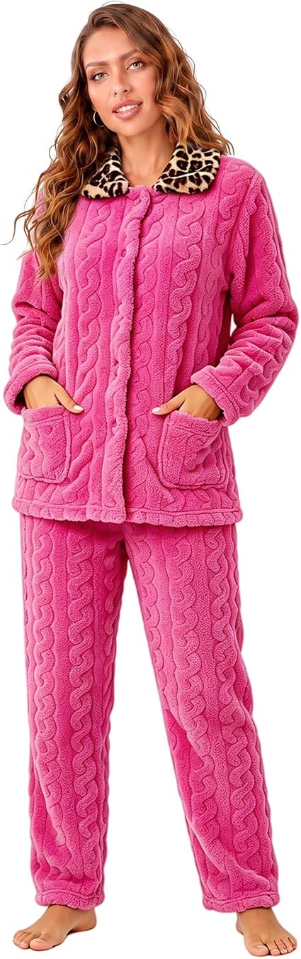 RONGTAI Leopard Button Down Pajama Set Long Sleeve Plush Fleece PJs — image 2